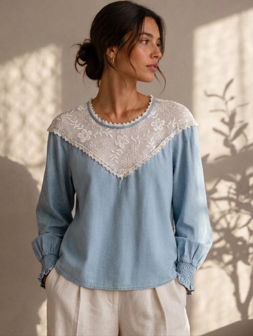 Zara Romantic Light Blue Cotton Blouse with White Embroidered Lace Yoke Medium